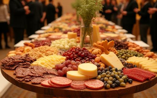 Large cheese and charcuterie table display at a catered event